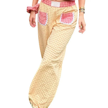 Pants - Gingham Baggy Pants Lace-Trimmed Flowy Trousers