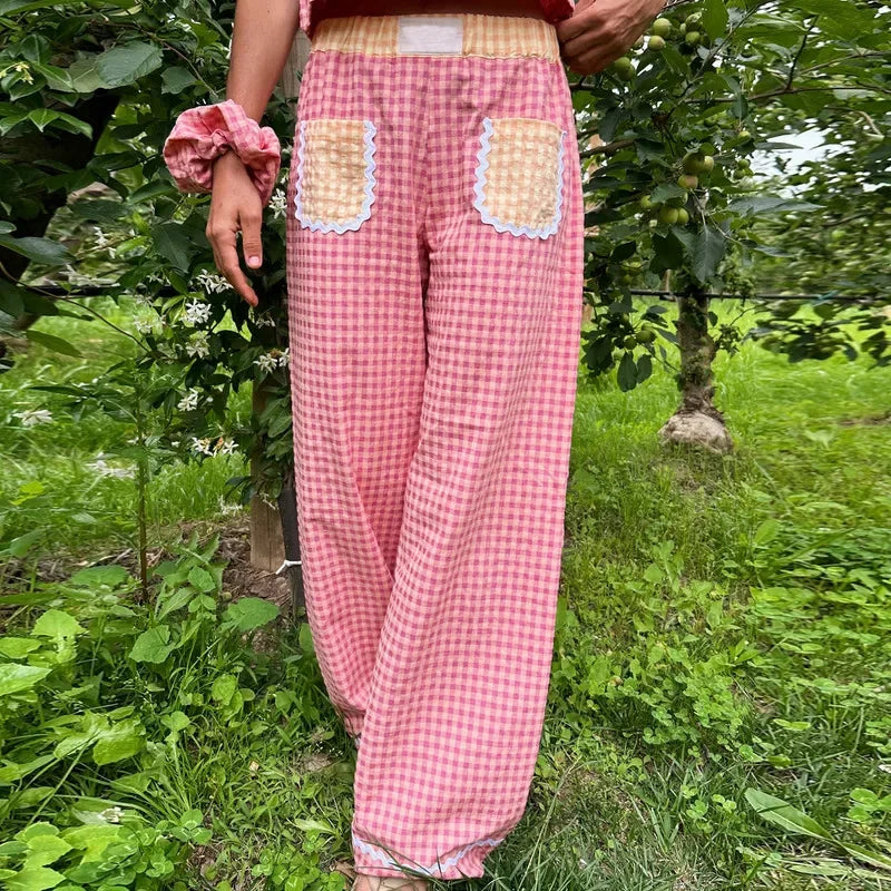 Pants - Gingham Baggy Pants Lace-Trimmed Flowy Trousers