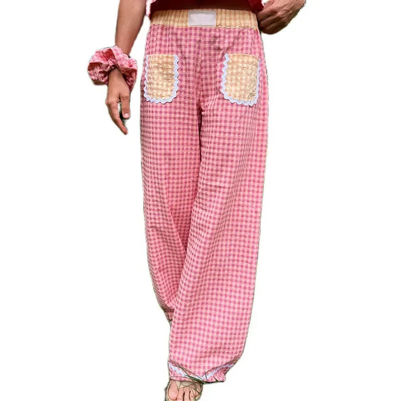 Pants - Gingham Baggy Pants Lace-Trimmed Flowy Trousers