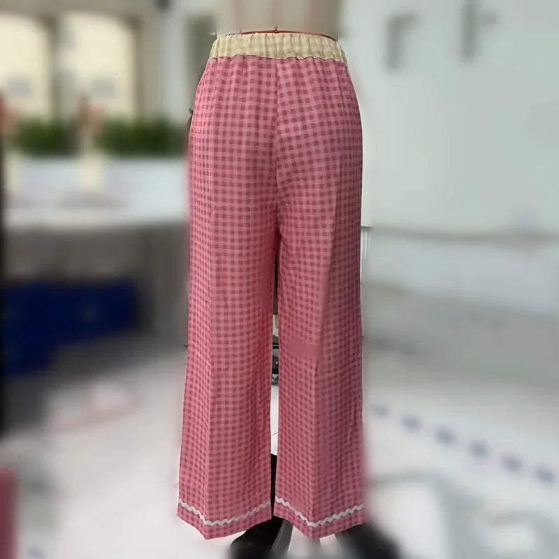 Pants - Gingham Baggy Pants Lace-Trimmed Flowy Trousers