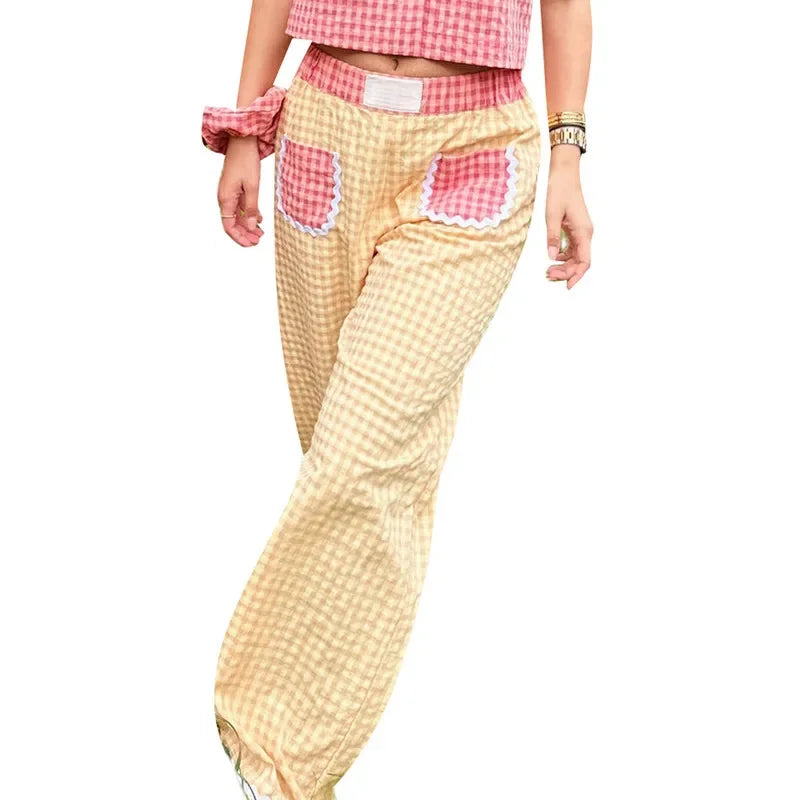 Pants - Gingham Baggy Pants Lace-Trimmed Flowy Trousers