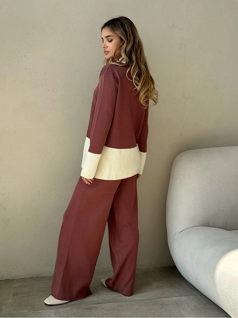 Pants Matching Sets - Knit 2 Piece Matching Set – Sweaters + Pallazo Pants Two Tone