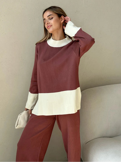 Pants Matching Sets - Knit 2 Piece Matching Set – Sweaters + Pallazo Pants Two Tone