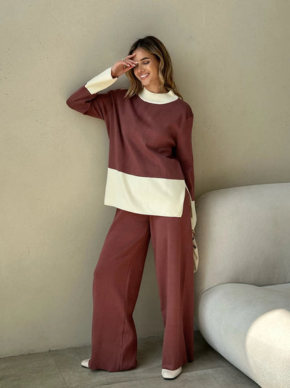 Pants Matching Sets - Knit 2 Piece Matching Set – Sweaters + Pallazo Pants Two Tone