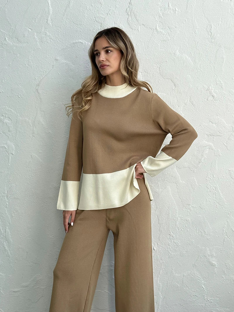 Pants Matching Sets - Knit 2 Piece Matching Set – Sweaters + Pallazo Pants Two Tone