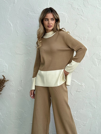 Pants Matching Sets - Knit 2 Piece Matching Set – Sweaters + Pallazo Pants Two Tone