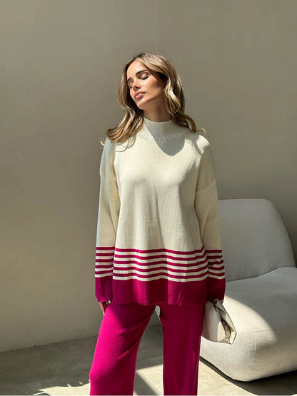 Pants Matching Sets - Stripes & Solid Knit Matching Set - Knitted Two Piece Set Outfit