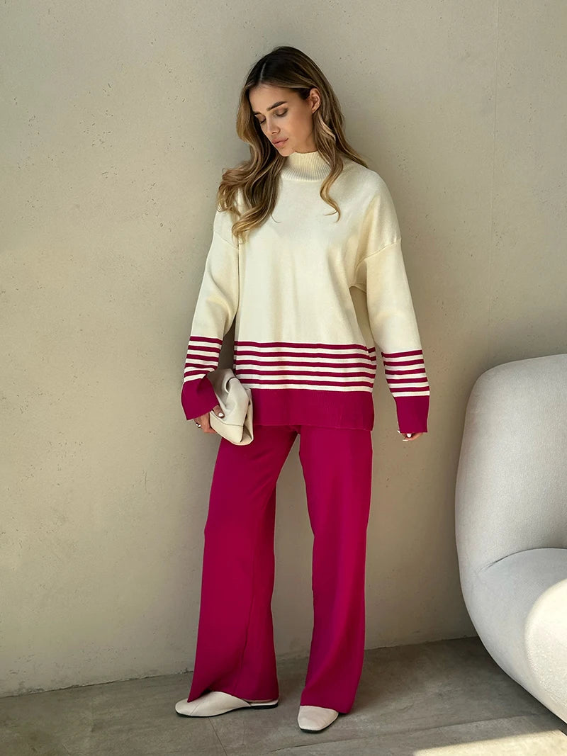 Pants Matching Sets - Stripes & Solid Knit Matching Set - Knitted Two Piece Set Outfit