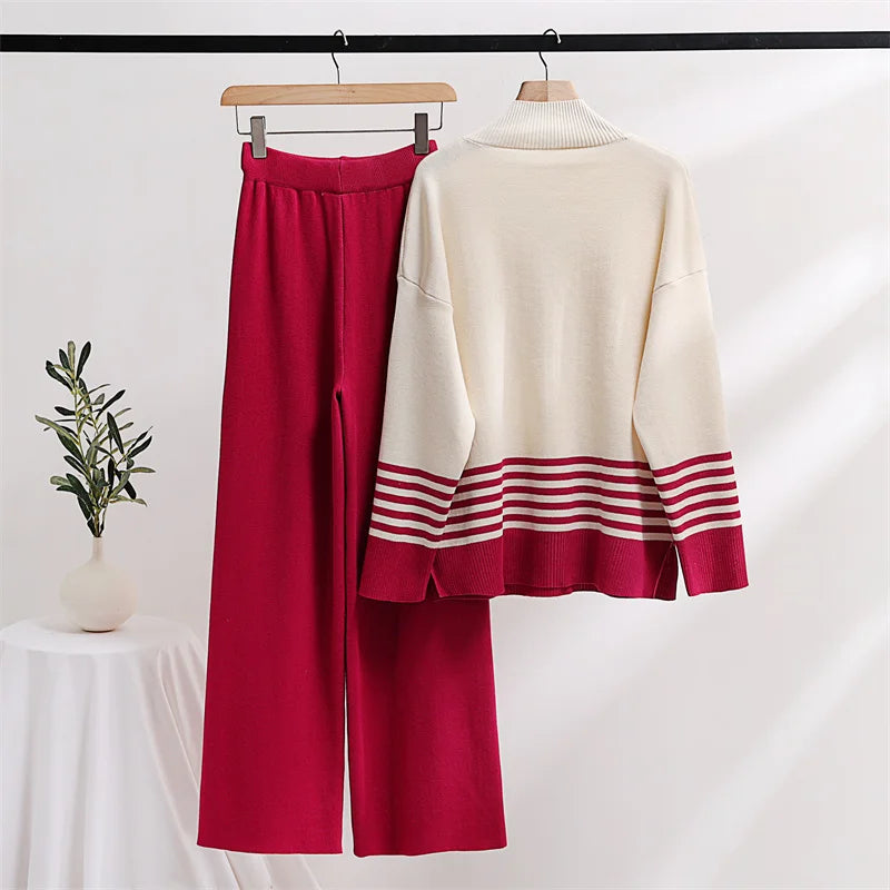 Pants Matching Sets - Stripes & Solid Knit Matching Set - Knitted Two Piece Set Outfit