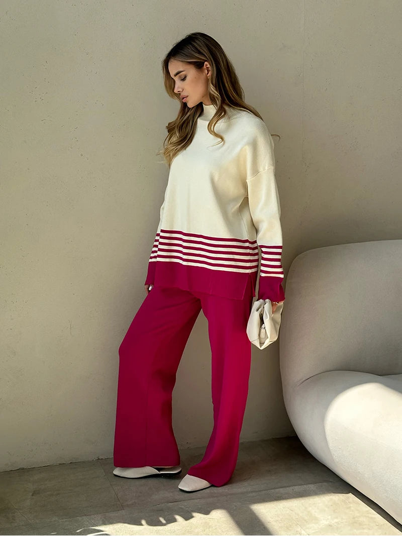 Pants Matching Sets - Stripes & Solid Knit Matching Set - Knitted Two Piece Set Outfit