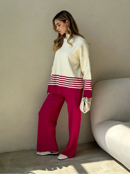 Pants Matching Sets - Stripes & Solid Knit Matching Set - Knitted Two Piece Set Outfit