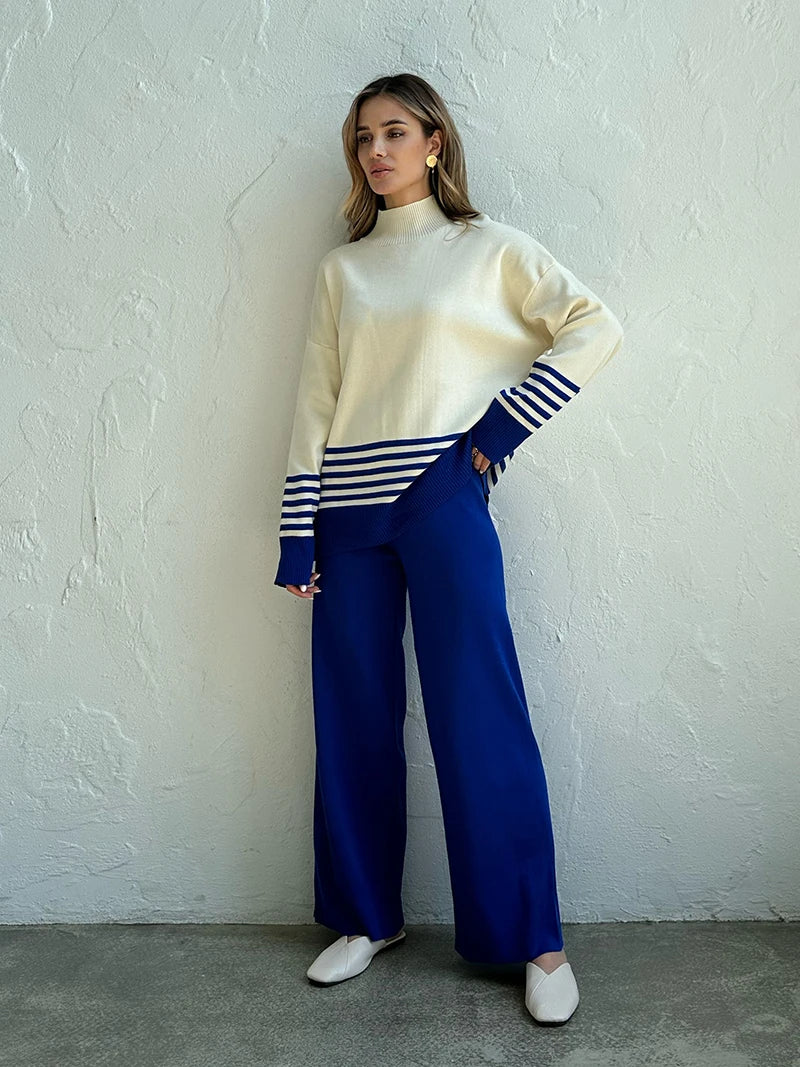 Pants Matching Sets - Stripes & Solid Knit Matching Set - Knitted Two Piece Set Outfit