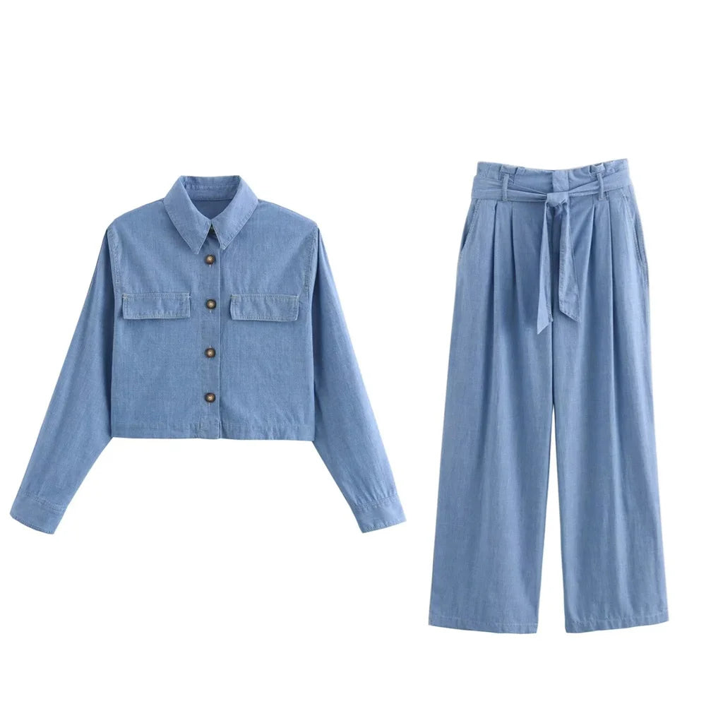 Pants Matching Sets - Tie Belt Palazzo Pants & Long-Sleeved Crop Shirt Matching Set