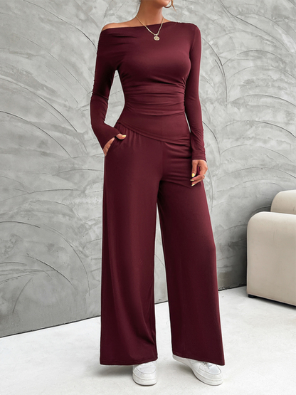 Asymmetry Women's Wide-Leg Pants Set with Long Sleeve Top