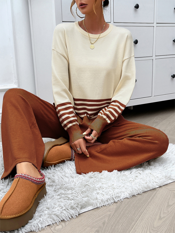 Pants Set - Casual Pants & Sweater Set in Knit Texture