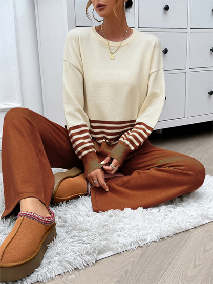 Pants Set - Casual Pants & Sweater Set in Knit Texture