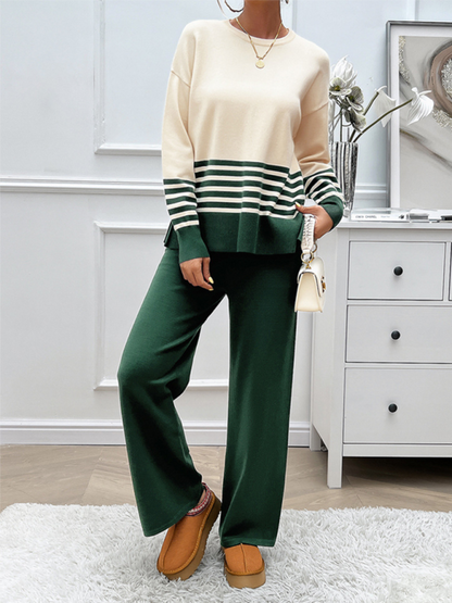 Pants Set - Casual Pants & Sweater Set in Knit Texture