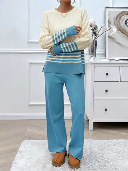 Pants Set - Casual Pants & Sweater Set in Knit Texture