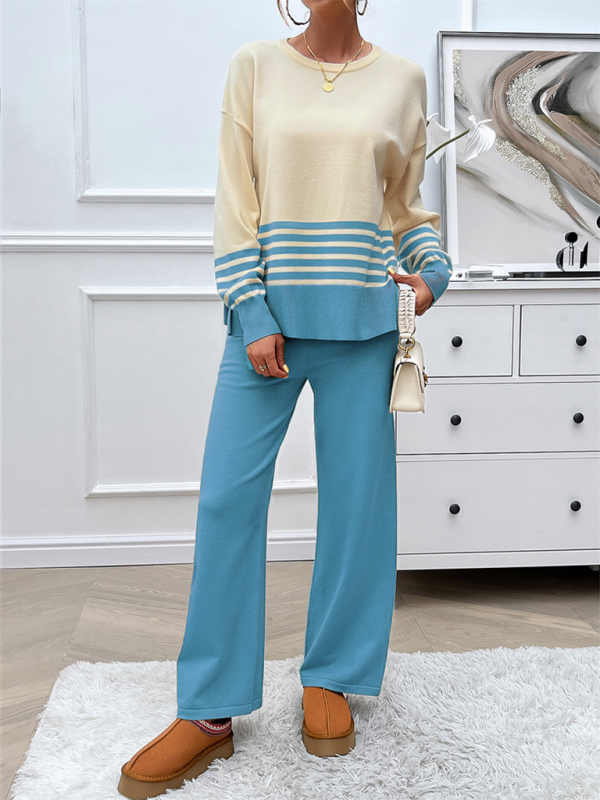 Pants Set - Casual Pants & Sweater Set in Knit Texture