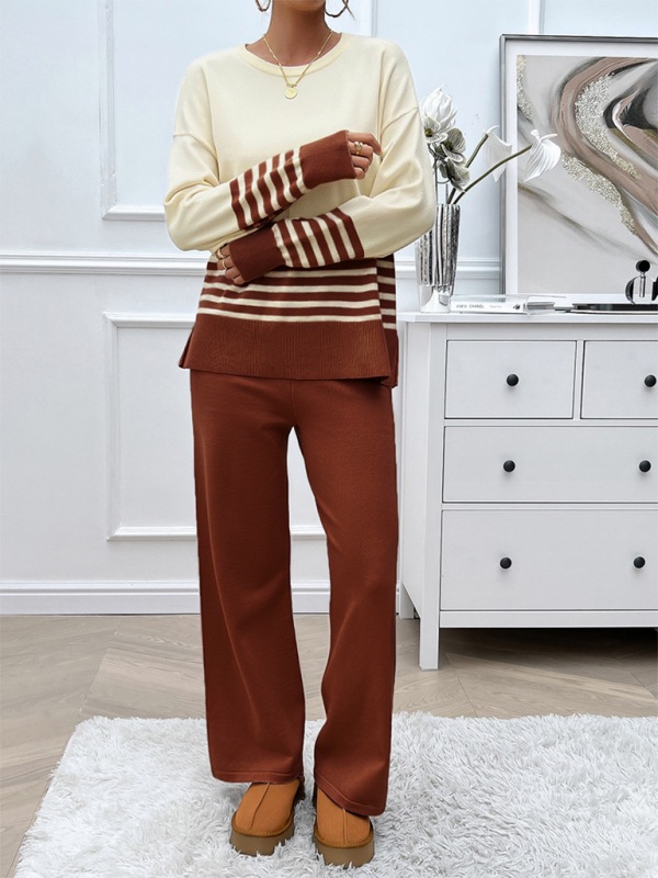 Pants Set - Casual Pants & Sweater Set in Knit Texture