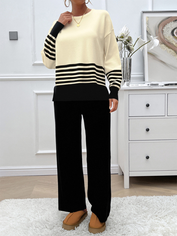 Pants Set - Casual Pants & Sweater Set in Knit Texture