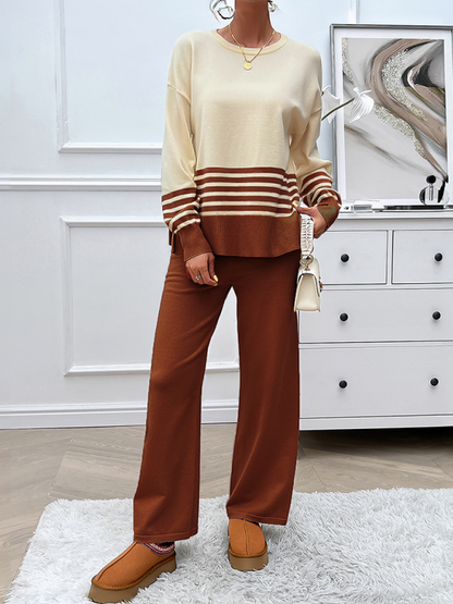 Pants Set - Casual Pants & Sweater Set in Knit Texture