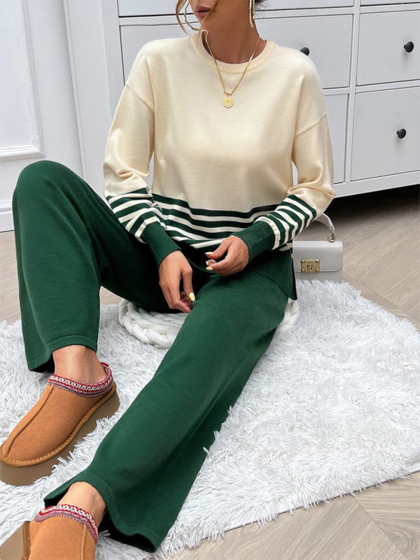 Pants Set - Casual Pants & Sweater Set in Knit Texture