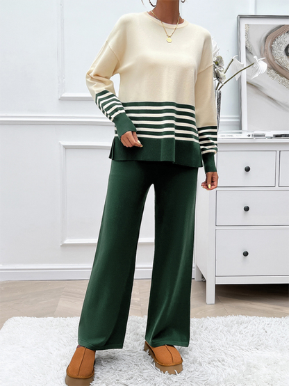 Pants Set - Casual Pants & Sweater Set in Knit Texture