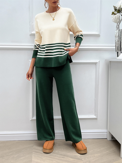 Pants Set - Casual Pants & Sweater Set in Knit Texture