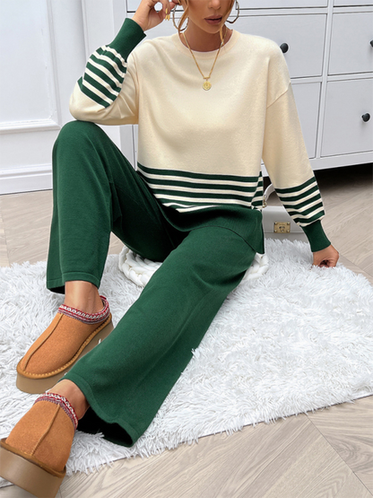 Pants Set - Casual Pants & Sweater Set in Knit Texture