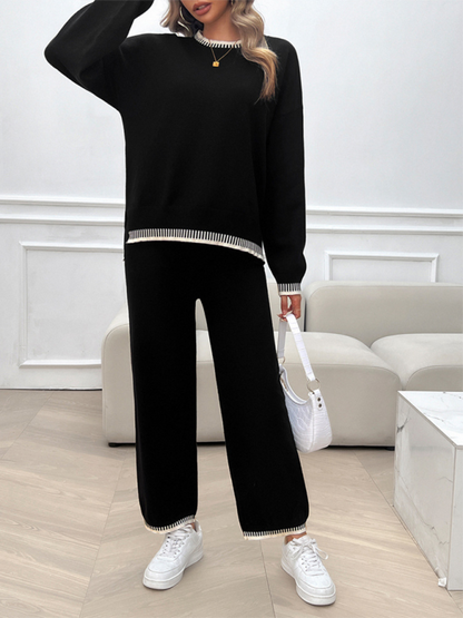 Pants Set- Comfy Women’s Lounge Set Fall Pants & Pullover- Black- Chuzko Women Clothing