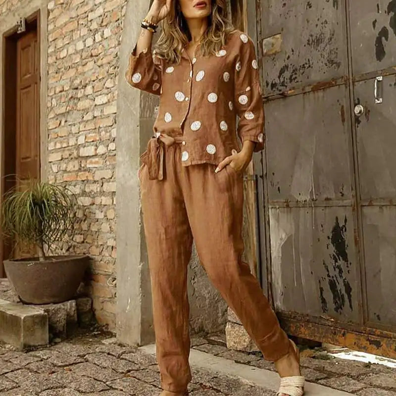 Pants Set- Cotton Lounge Set 3/4 Sleeve Women Blouse & Pencil Pants Outfit- - Chuzko Women Clothing