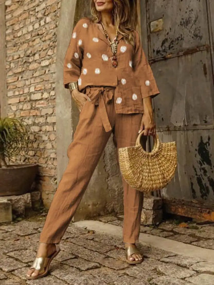 Pants Set- Cotton Lounge Set 3/4 Sleeve Women Blouse & Pencil Pants Outfit- Brown- Chuzko Women Clothing