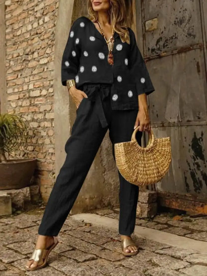 Pants Set- Cotton Lounge Set 3/4 Sleeve Women Blouse & Pencil Pants Outfit- Black- Chuzko Women Clothing