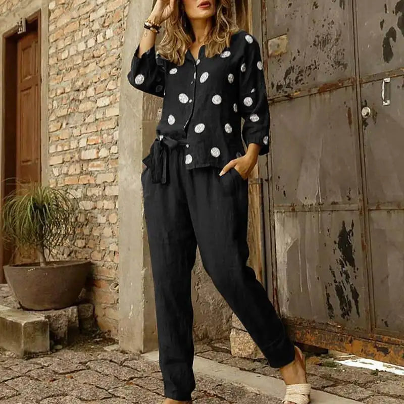 Pants Set- Cotton Lounge Set 3/4 Sleeve Women Blouse & Pencil Pants Outfit- - Chuzko Women Clothing