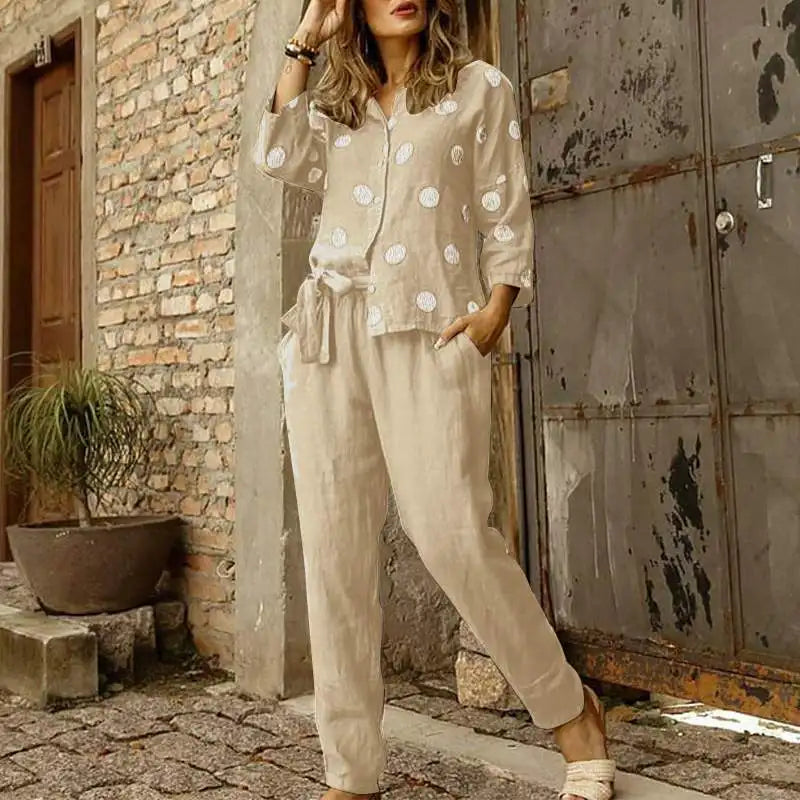 Pants Set- Cotton Lounge Set 3/4 Sleeve Women Blouse & Pencil Pants Outfit- - Chuzko Women Clothing