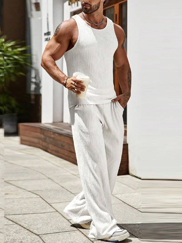 Pants Set- Men's Ribbed Sleeveless Outfit with Matching Pants- White- Pekosa Women Fashion