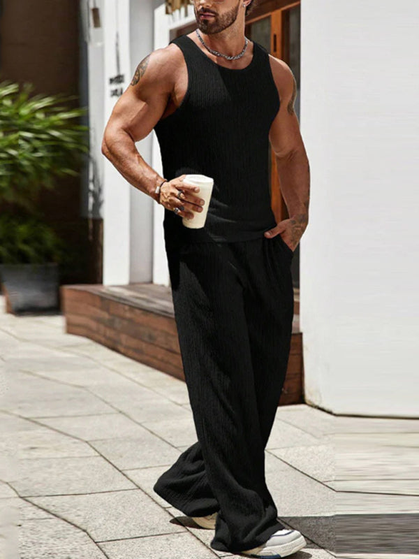 Pants Set- Men's Ribbed Sleeveless Outfit with Matching Pants- Black- Pekosa Women Fashion