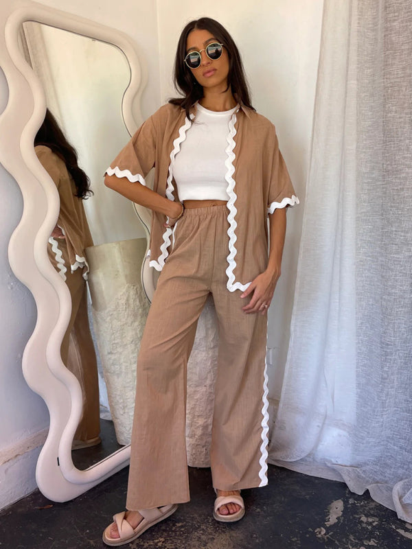 Pants Set- Relaxed Ric-Rac Trim Shirt & Pants Set - Women's Summer Vacay Attire- Camel- Pekosa Women Fashion