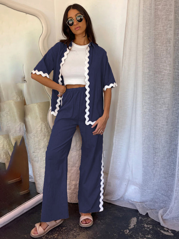 Pants Set- Relaxed Ric-Rac Trim Shirt & Pants Set - Women's Summer Vacay Attire- Champlain color- Pekosa Women Fashion