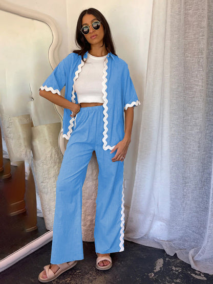 Pants Set- Relaxed Ric-Rac Trim Shirt & Pants Set - Women's Summer Vacay Attire- Sky blue azure- Pekosa Women Fashion