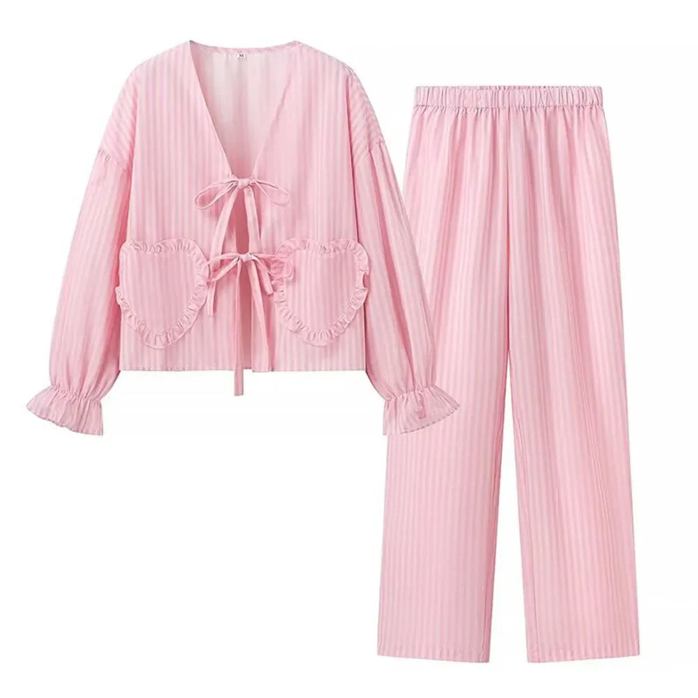 Pants Set- Striped Loungewear Set for Women - Cute Loose Top & Pants- Pink- Chuzko Women Clothing