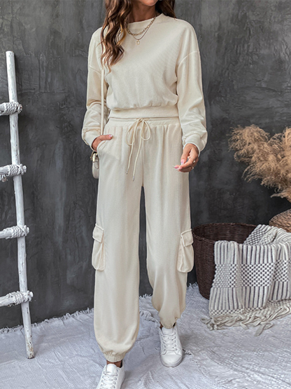 Pants Set- Two Piece Textured Women Cargo Pants Set- - Pekosa Women Fashion