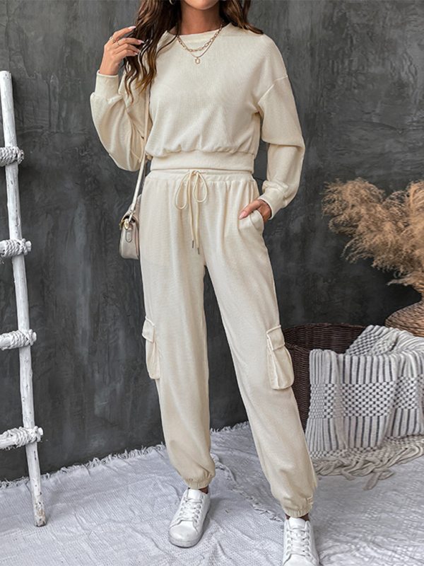 Pants Set- Two Piece Textured Women Cargo Pants Set- Cream- Pekosa Women Fashion