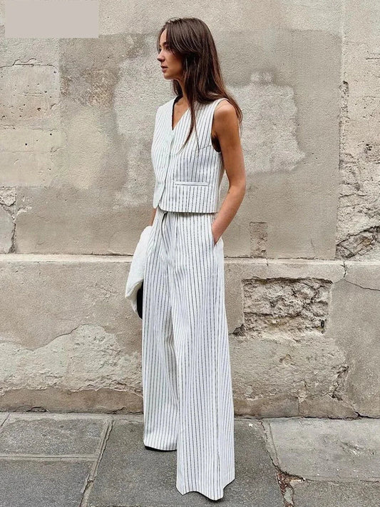 Pants Set- Vertical Stripes Women's Pants 2-Piece Set with V-Neck Vest- WHITE- Chuzko Women Clothing