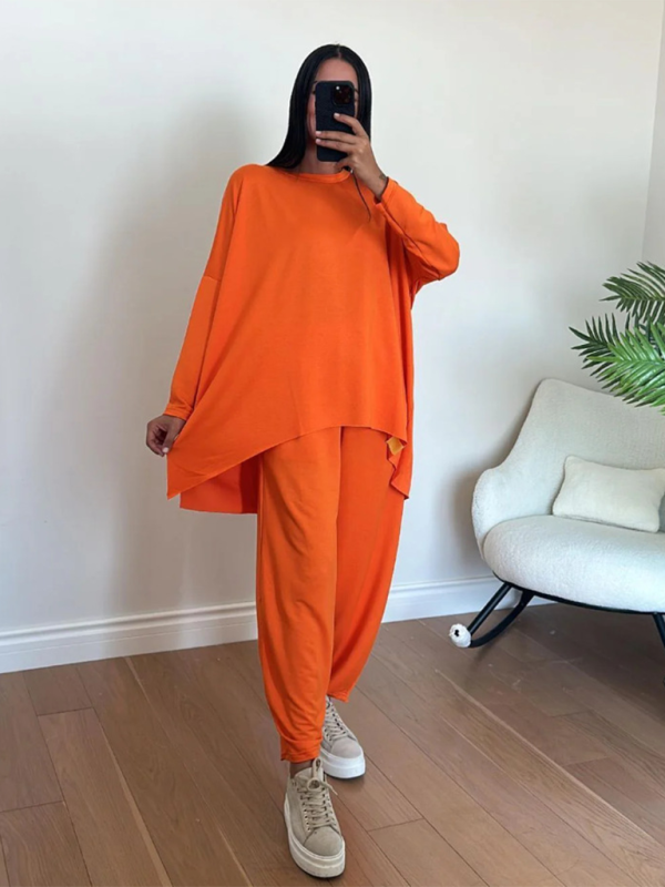 Pants Set- Vibrant Orange Two-Piece Set Flowy Top with Pencil Pants- - Pekosa Women Fashion