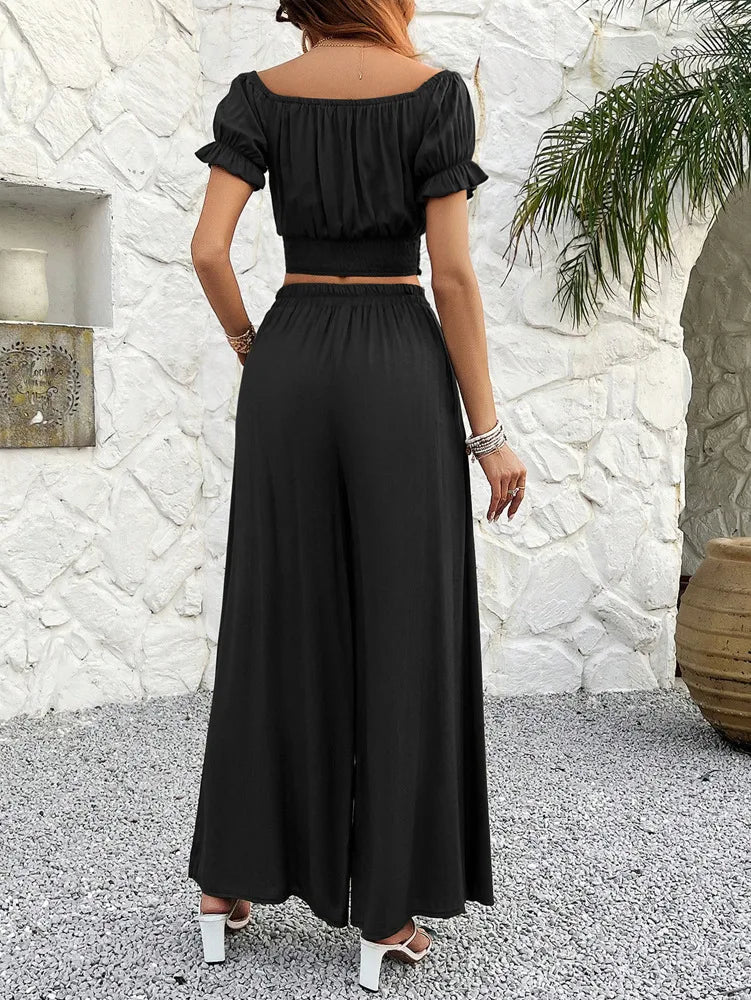 Pants Set- Women Boho Crop Flowy Top and Wide-Leg Cape Knot Pants Set- - Chuzko Women Clothing