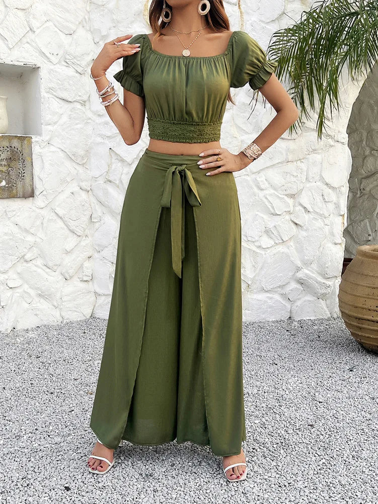 Pants Set- Women Boho Crop Flowy Top and Wide-Leg Cape Knot Pants Set- Green- Chuzko Women Clothing