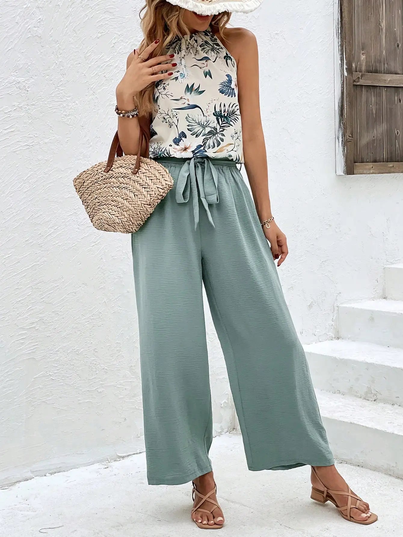 Pants Set- Women Floral Halter & Teal Wide-Leg Pants Set- - Chuzko Women Clothing