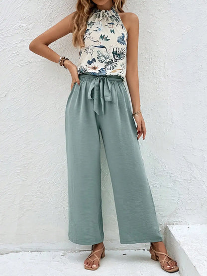 Pants Set- Women Floral Halter & Teal Wide-Leg Pants Set- - Chuzko Women Clothing